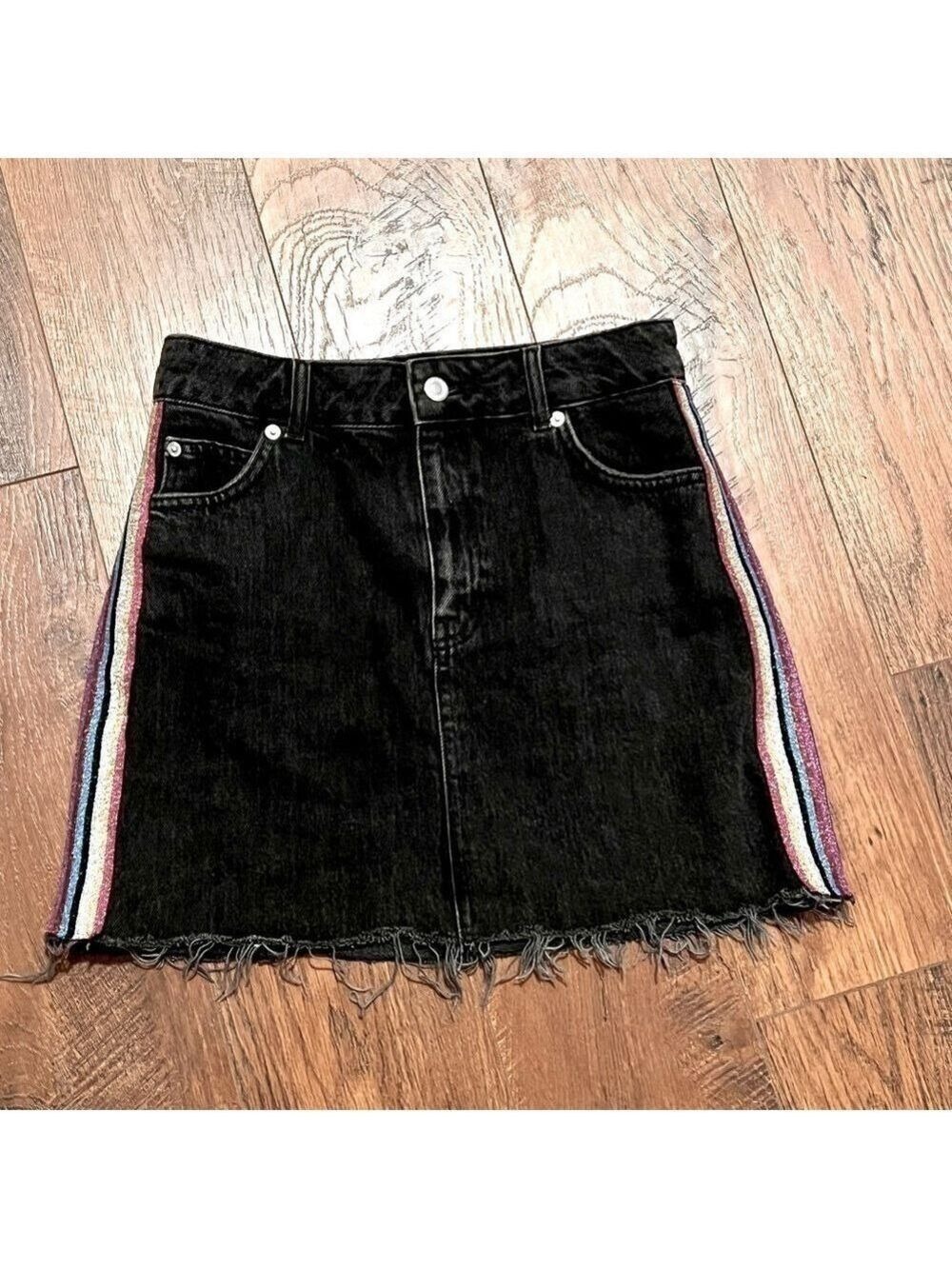 TOPSHOP MOTO black denim skirt with sparkly rainbow stripes. Size 8